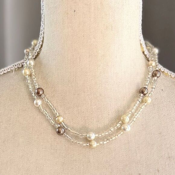 Handcrafted Clear Silver Bead with Vintage Faux Pearl Beads Long Beaded Wrap Nec - Picture 6 of 6